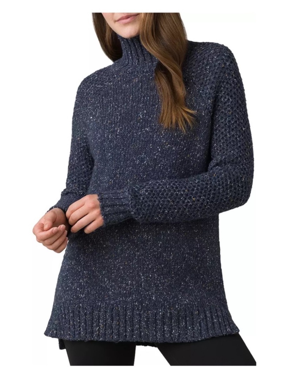 PrAna Ibid Sweater Tunic Flecked Knit Mock Neck Womens Large Wool Blend